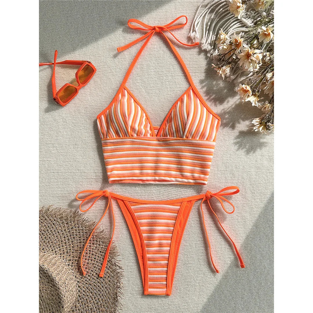 Striped Halter Tankini V Neck Bikini Women Swimwear Female Swimsuit Two-Pieces Bikini Set Padded Bather Bathing Suit Swim V8385