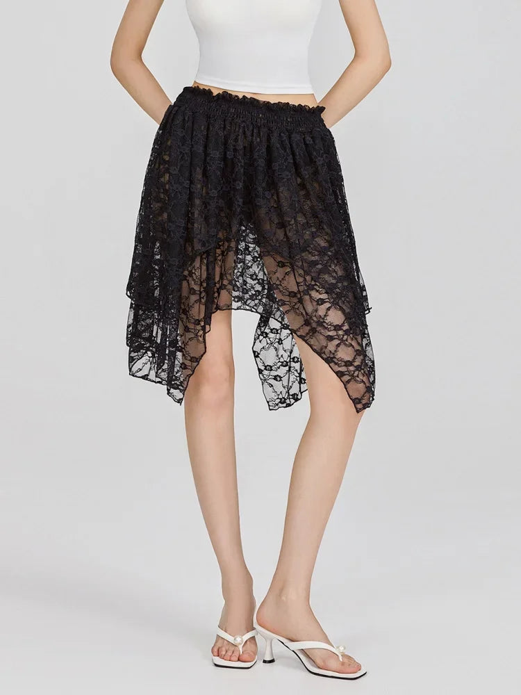 Women's Lace Skirts High Waist Irregular Hem Skirts Summer Korean Fashion Gothic Sexy Club Beach Skirts