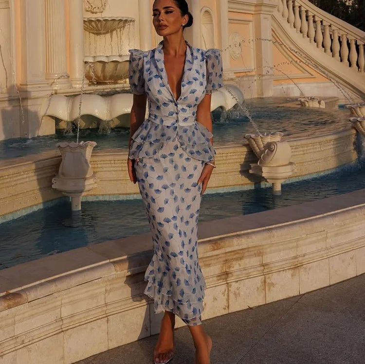 FDYOUI V-neck Short Sleeve Single Breasted Ruffles Blouse Tops+Mermaid Skirts Suits Elegant Floral Print Midi Dress 2 Piece Set