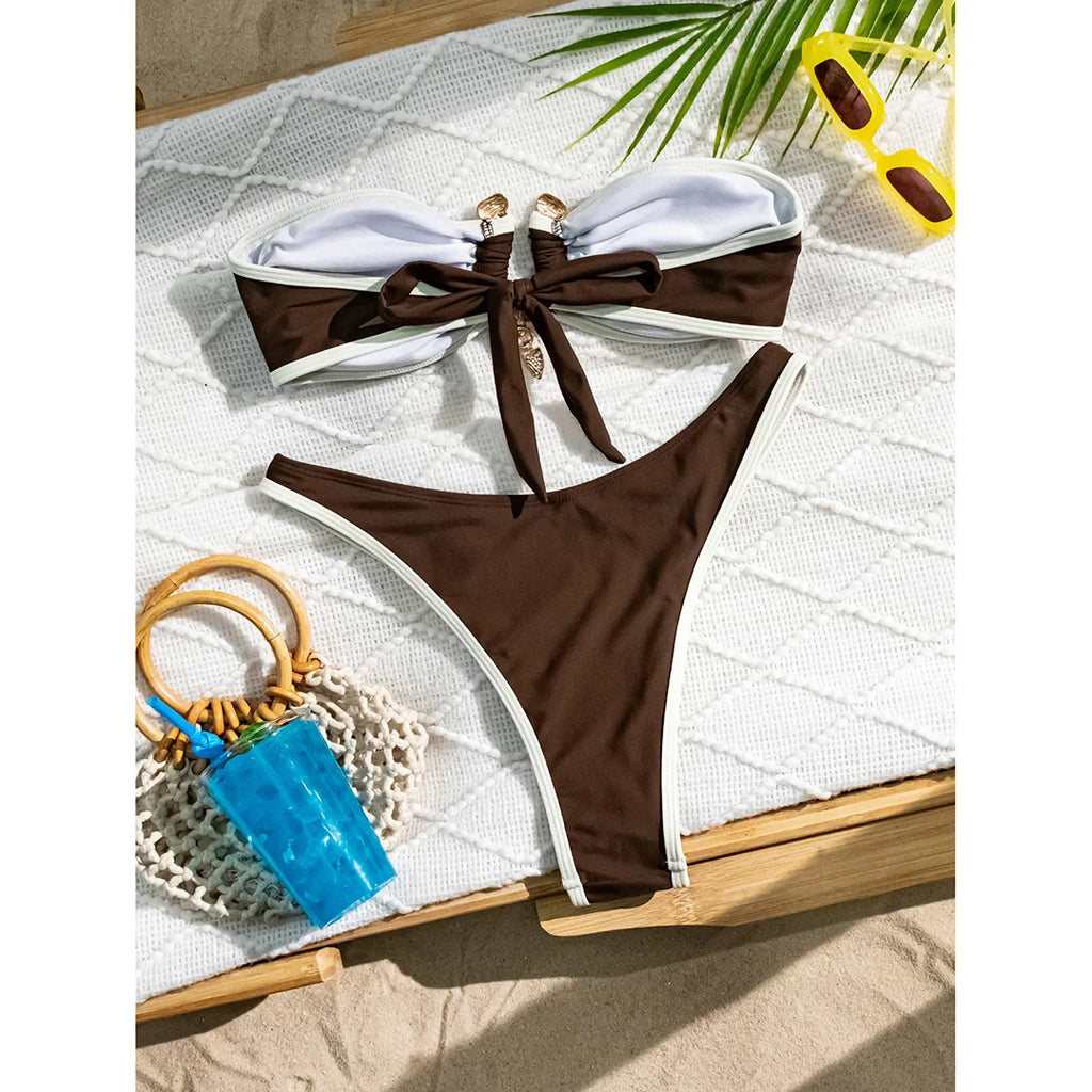 Bandeau Splicing Metal Ring Brazilian Bikini Women Swimwear Female Swimsuit Two-Pieces Bikini Set Bather Bathing Suit Swim V5651