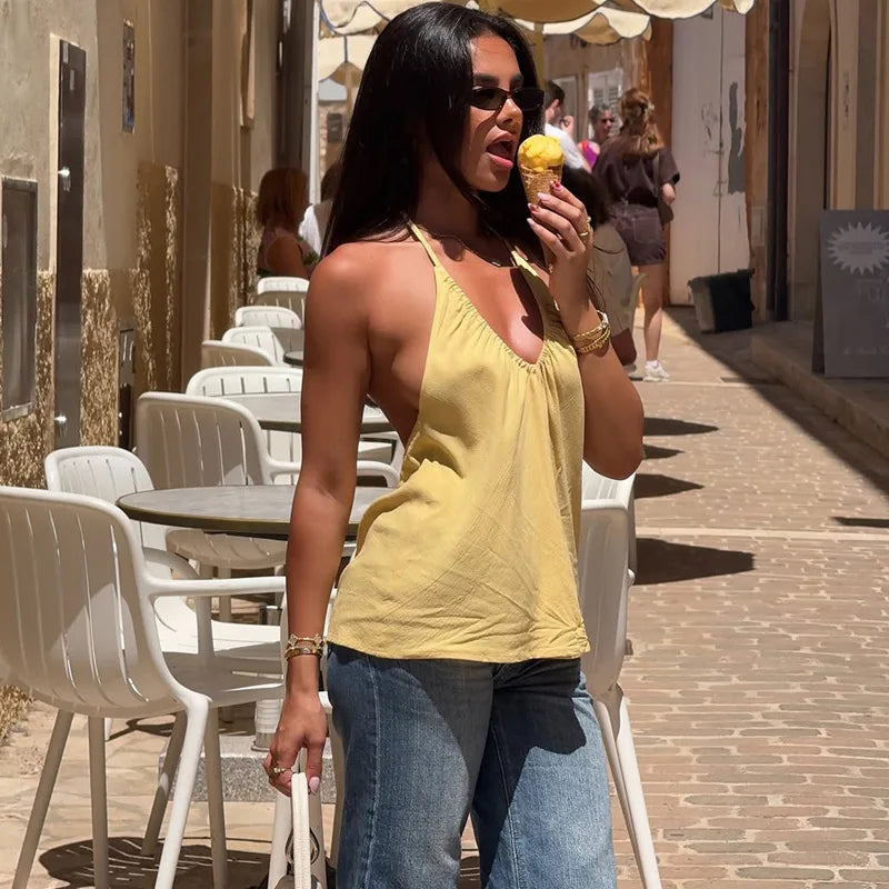 FDYOUI Woman Clothing Halter Neck Backless Camisoles Streetwear 2026 Summer Girls Sexy Lace-up Off Shoulder Yellow Tank Tops
