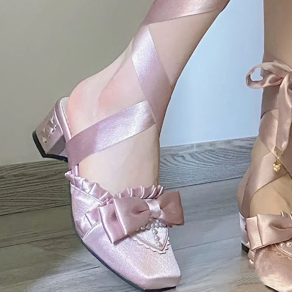 Brand New Vintage y2k Square Toe Mules Pumps Gothic Ruffles Lolita Bow-knot Block Heels Ribbon Tie Ballet Shoes Women