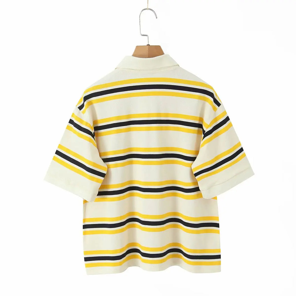 Foridol Burgundy Striped Casual Women T-shirt Summer Loose Polo Shirts Buttons New Female Tops Blouse White Tops Spring Shirt