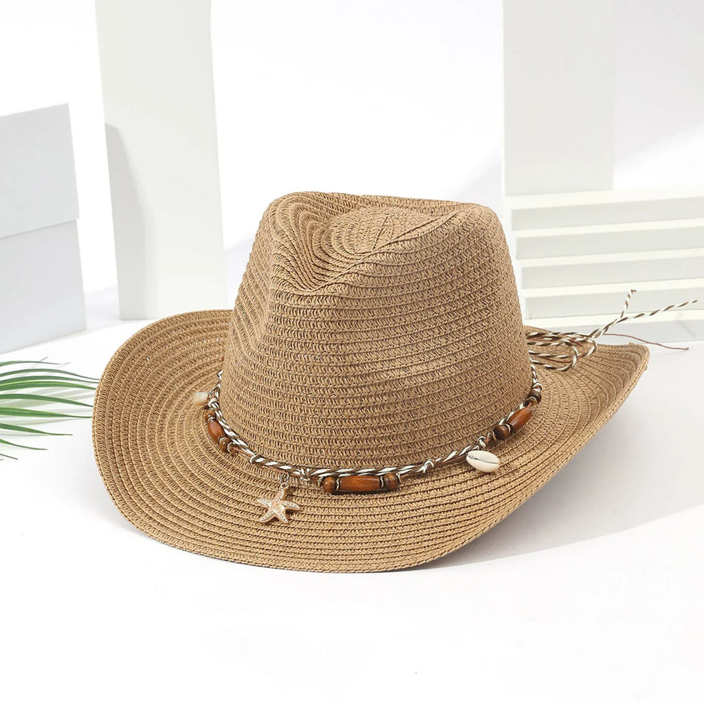 Women Men Straw Cowgirl Hat Starfish Shell Decor Western Panama Jazz Hat Summer Sun Hat for Travel Beach