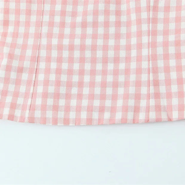 French Thin Style Sweet Plaid Camisole For Women With Lace Collar Slim Fit Semi Elastic Back Suitable For Seaside Vacations IHKJ