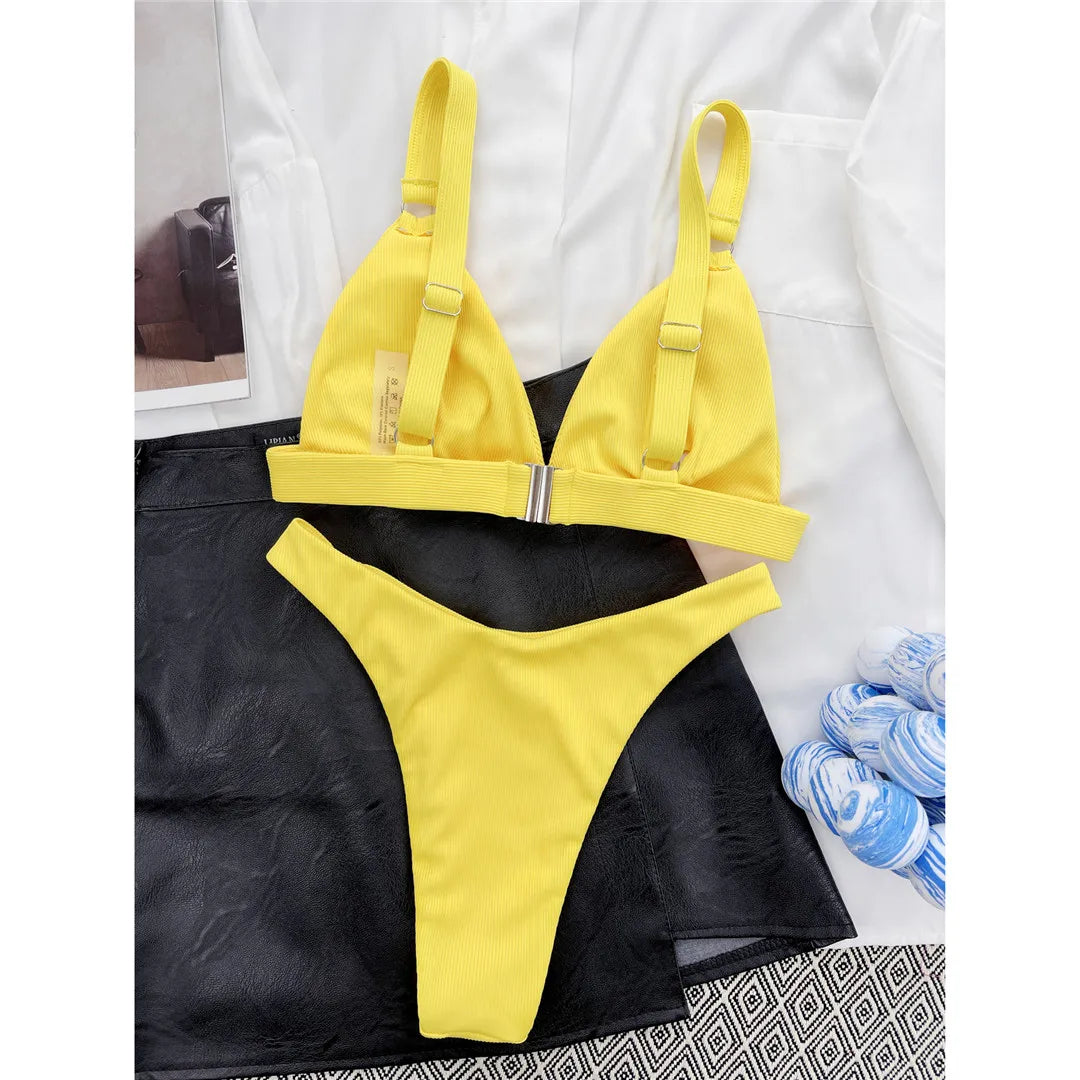 Sexy High Leg Cut Ribbed Bikini Women Swimwear Female Swimsuit Two-Pieces Bikini Set Padded Bather Bathing Suit Swim Lady V3255