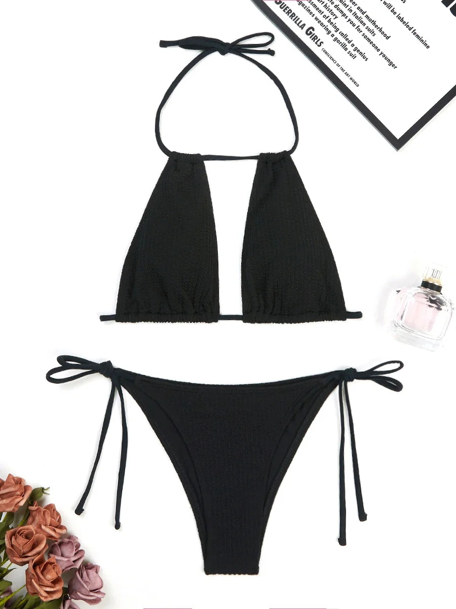 2026 Halter String Bikini Solid Hollow Swimwear Female Sexy Swimsuit Women Bathers Bathing Swimming Swim Suit Beachwear