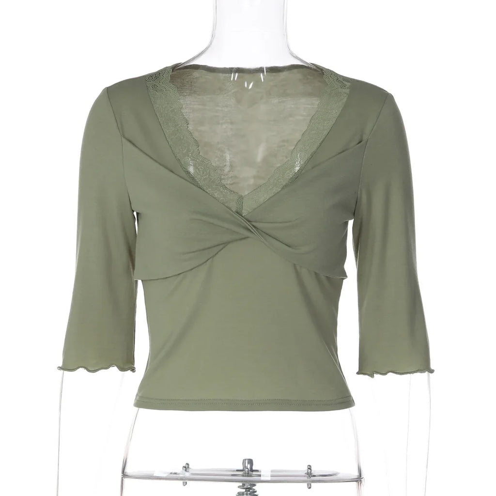 FDYOUI Women's T-shirt Tops Casual Fashion Lace Patchwork Green T Shirts Female Clothing V-neck Ruched Slim Crop Top Streetwear