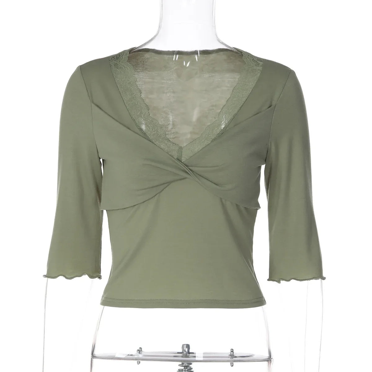 FDYOUI Women's T-shirt Tops Casual Fashion Lace Patchwork Green T Shirts Female Clothing V-neck Ruched Slim Crop Top Streetwear