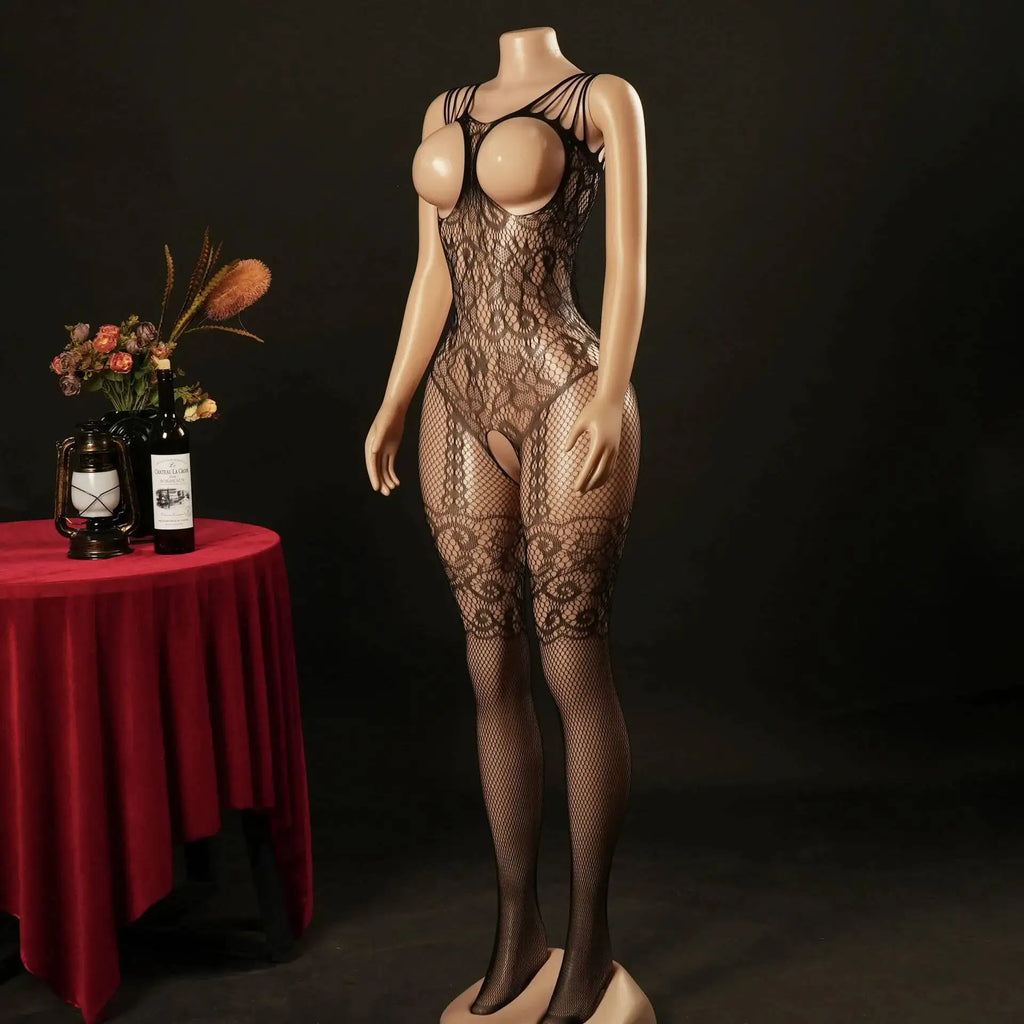 Sexy Bodysuit With Hollowed-out Chest Mesh Sexy One-piece Jacquard Open-crotch Halter Neck Backless Deep V Sleeveless Charm 57AF