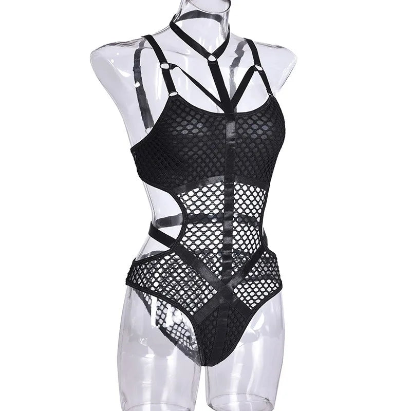 Toucheart Erotic Halter Bodysuit Large Mesh Splicing Andheavy Craftsmanship Women Hollow Seductive Intimate Hot Private Bodysuit