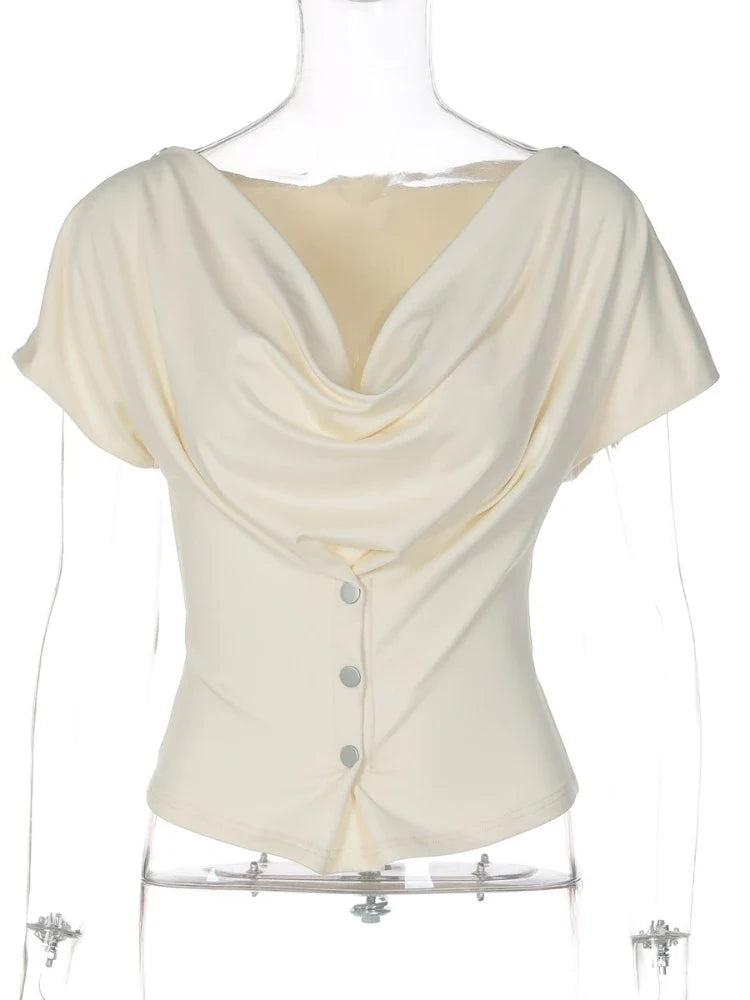 FDYOUI Fashion Casual Swinging Collar T-shirts Y2K Woman Clothes Short Sleeve Buttons Corset T Shirt Ladies Solid Crop Tops Tees
