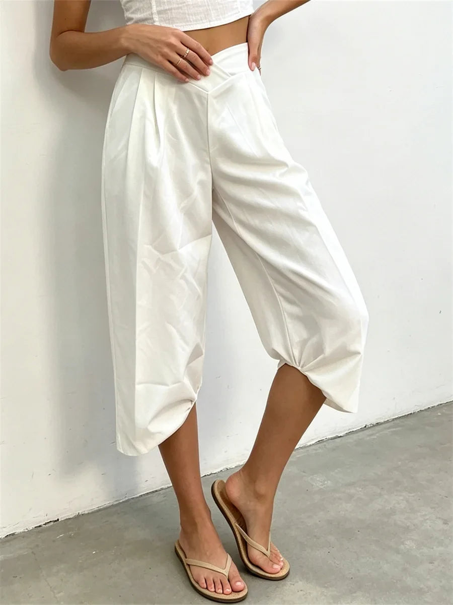 Summer Women Cargo Capri Pants Elastic Waist Cuffs Cropped Trousers with Side Pockets Fashion Casual Loose Fit Pants Streetwear