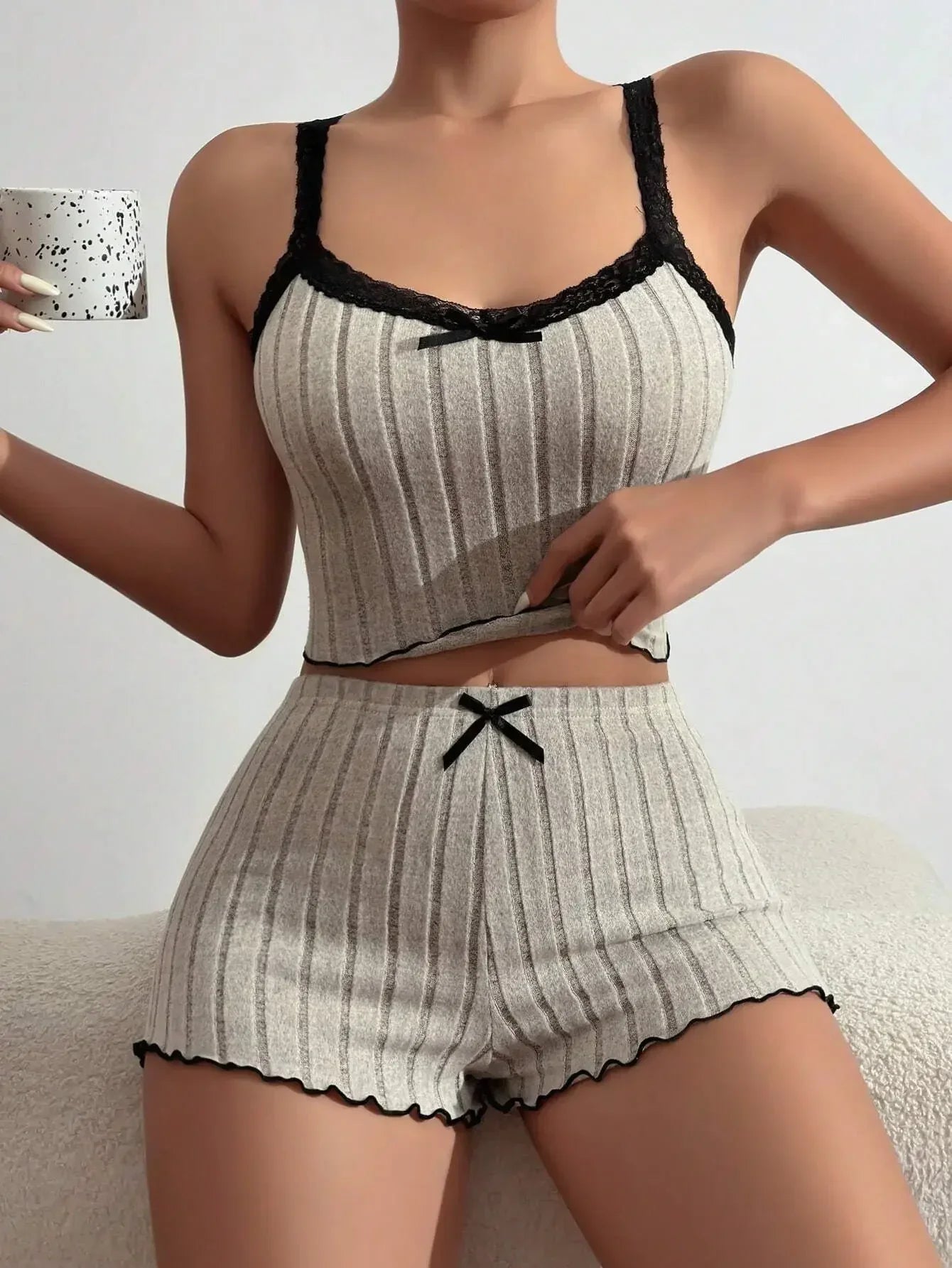 Summer Sling Pajamas Set for Women Sleepwear Homewear Female Sense Lace Crop Tops and Shorts Pijamas Loungewear
