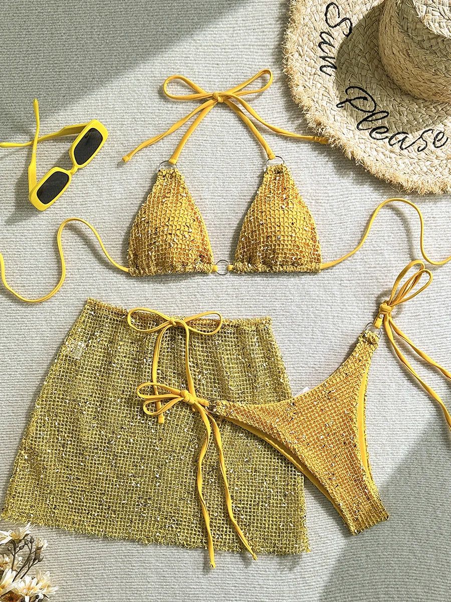 With Fishnet Sarong Skirt Halter Micro Bikini Women Swimwear Female Swimsuit Three-pieces Bikini Set Bathing Suit Swim Beachwear