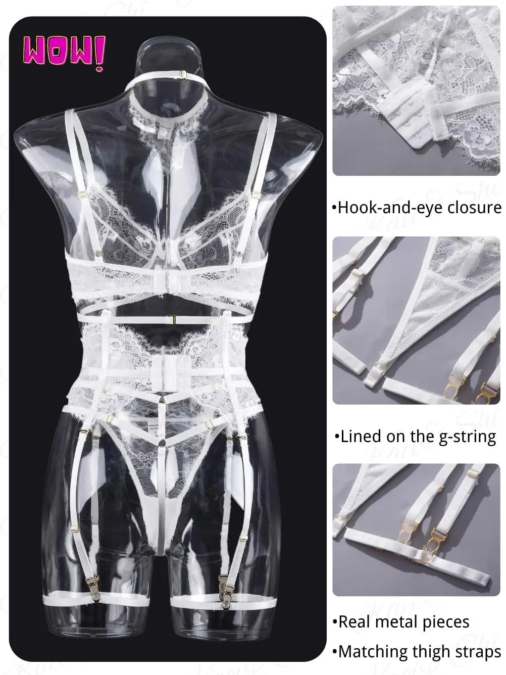 Sexy Garter Lingerie Set for Women – 4pcs Floral Lace Strappy High Waisted Bra Panty with Choker Belt