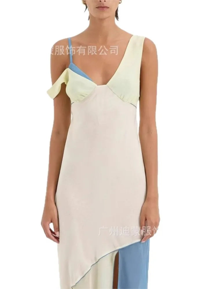 Summer New V-neck Sleeveless Long Dress Women Fashion Casual Comfortable Slim Sexy One Shoulder Lace Off Shoulder Maxi Dresses
