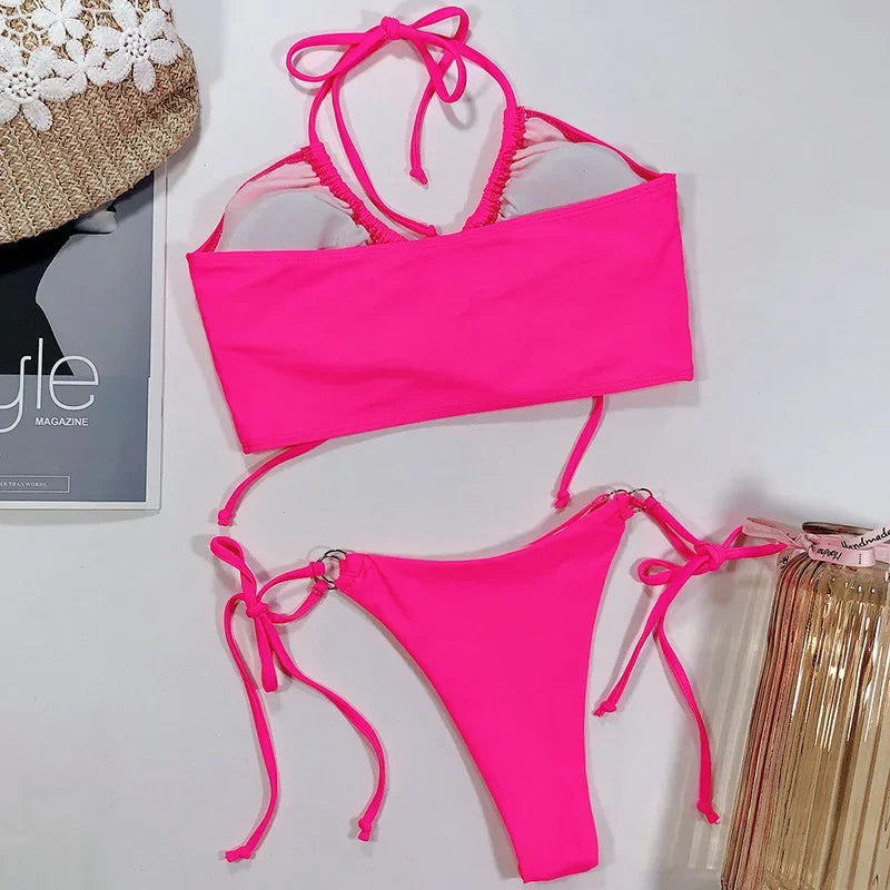 Sexy High Cut Leopard Bikini Women Thong Swimwear Female Swimsuit Two-pieces Bikini set Lace Up Bather Bathing Suit Swim Lady