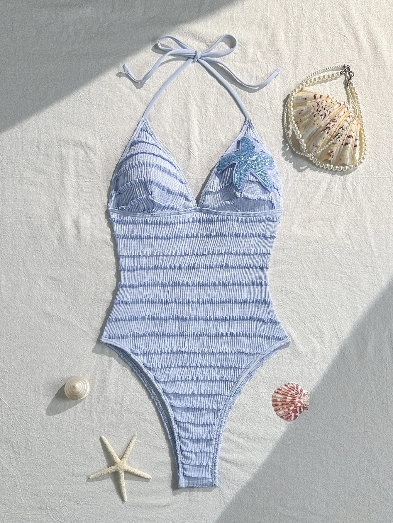 Sexy Holiday Swimwear Women 2026 Blue Sequin Starfish V Neck Hollow Out Backless Tummy Control Bathing Suit One Piece Swimsuit
