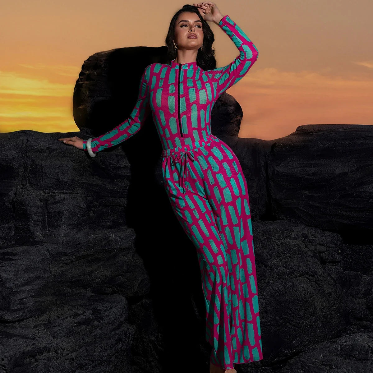 Sexy Mesh Swimsuit 2026 Tren Fashion High Waist Surfing Belly Control Swimwear 2pcs Outfits Long Sleeve Top Long Pant Cover Up
