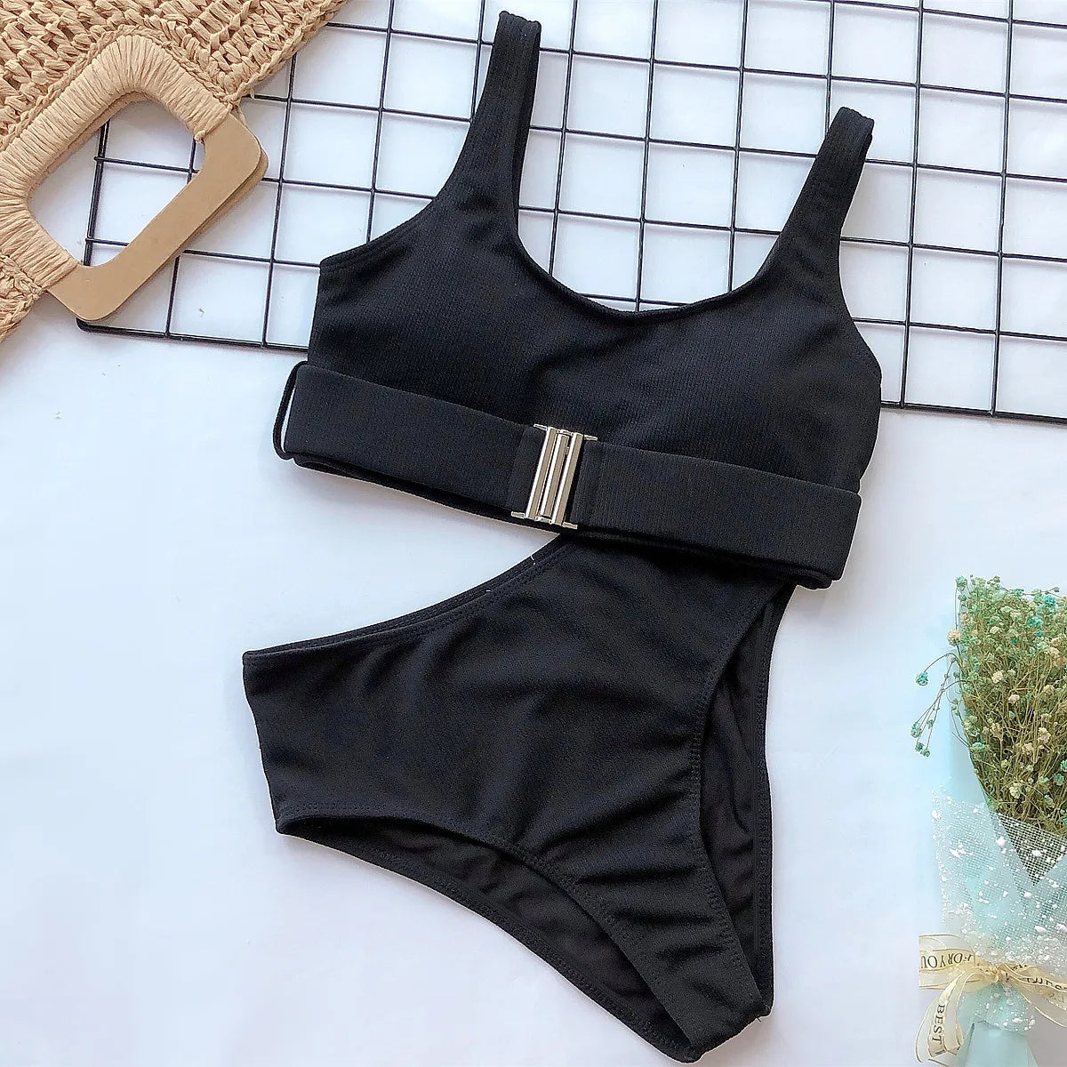 4 Colors Bikini Women Solid High Waist Swimwear Swimsuit Buckle Design Female Beach Bikinis Set Bathing Suit Bikini Taille Haute