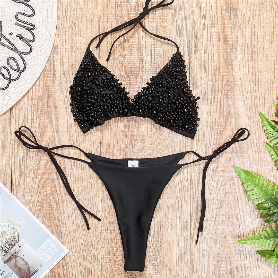 Halter Luxury Pearl Bikini Mini Micro Bikinis Female Swimsuit Women Swimwear Two-pieces Bikini Set Bather Bathing Suit Swim Lady
