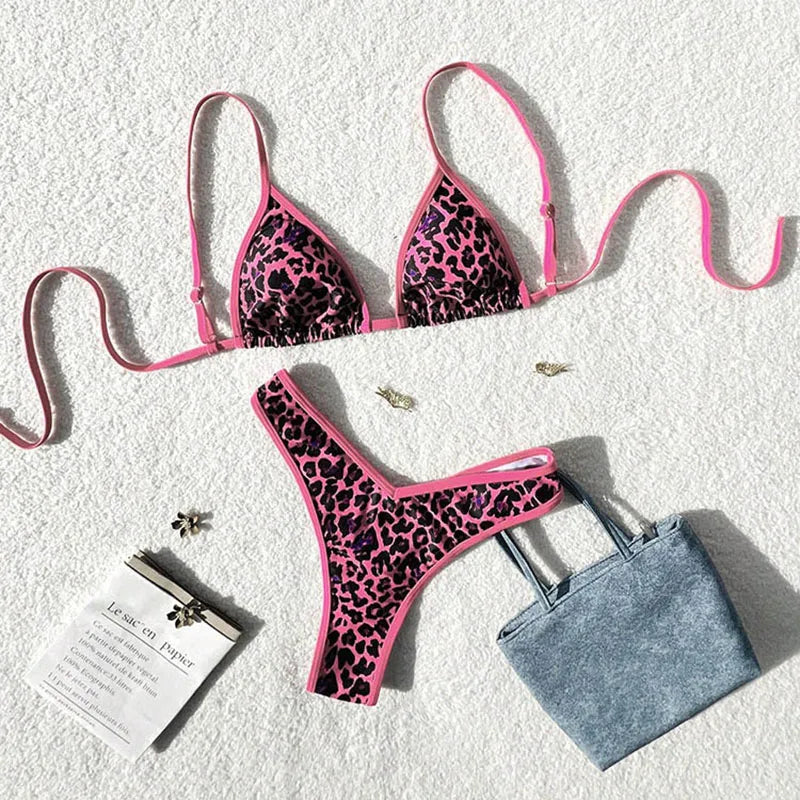 Sexy Leopard Print Bikini 2 Piece Set Women Laced Up Split Swimsuit Low Waist Beachwear 2025 New Summer Swimwear Bikinis Set