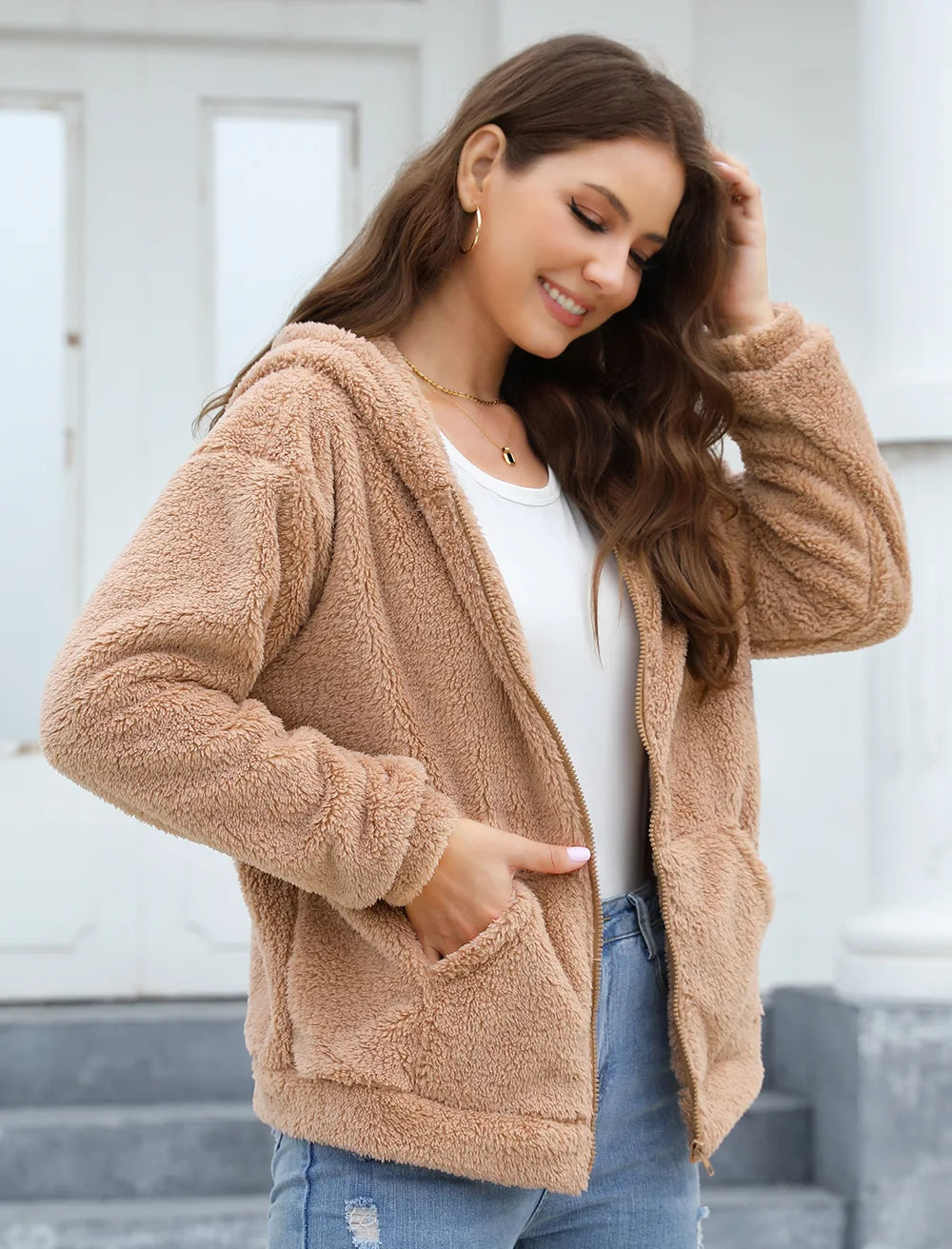 Phantasy Woman Hooded Fleece Coat Womens Casual Jacket Soft Heavy Autumn Winter Solid Hooded Jacket Ladies Outwear Overcoat