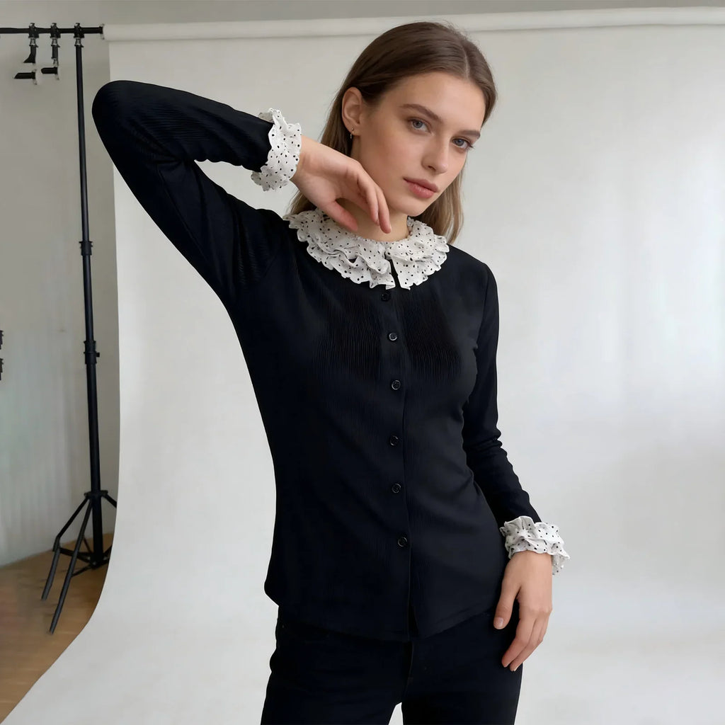 Women's Spring Fall Slim Fit Knitted Cardigan Elegant Dot Print Long Sleeve Round Neck Button Down T-shirts Tops