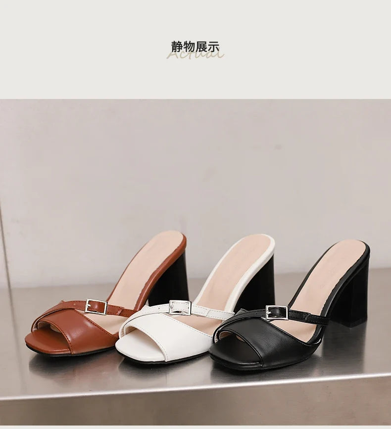 Summer New Fashion Open Toe Solid Color Simple Leather Surface Versatile Color Large Slippers Square Heel Shoes Women
