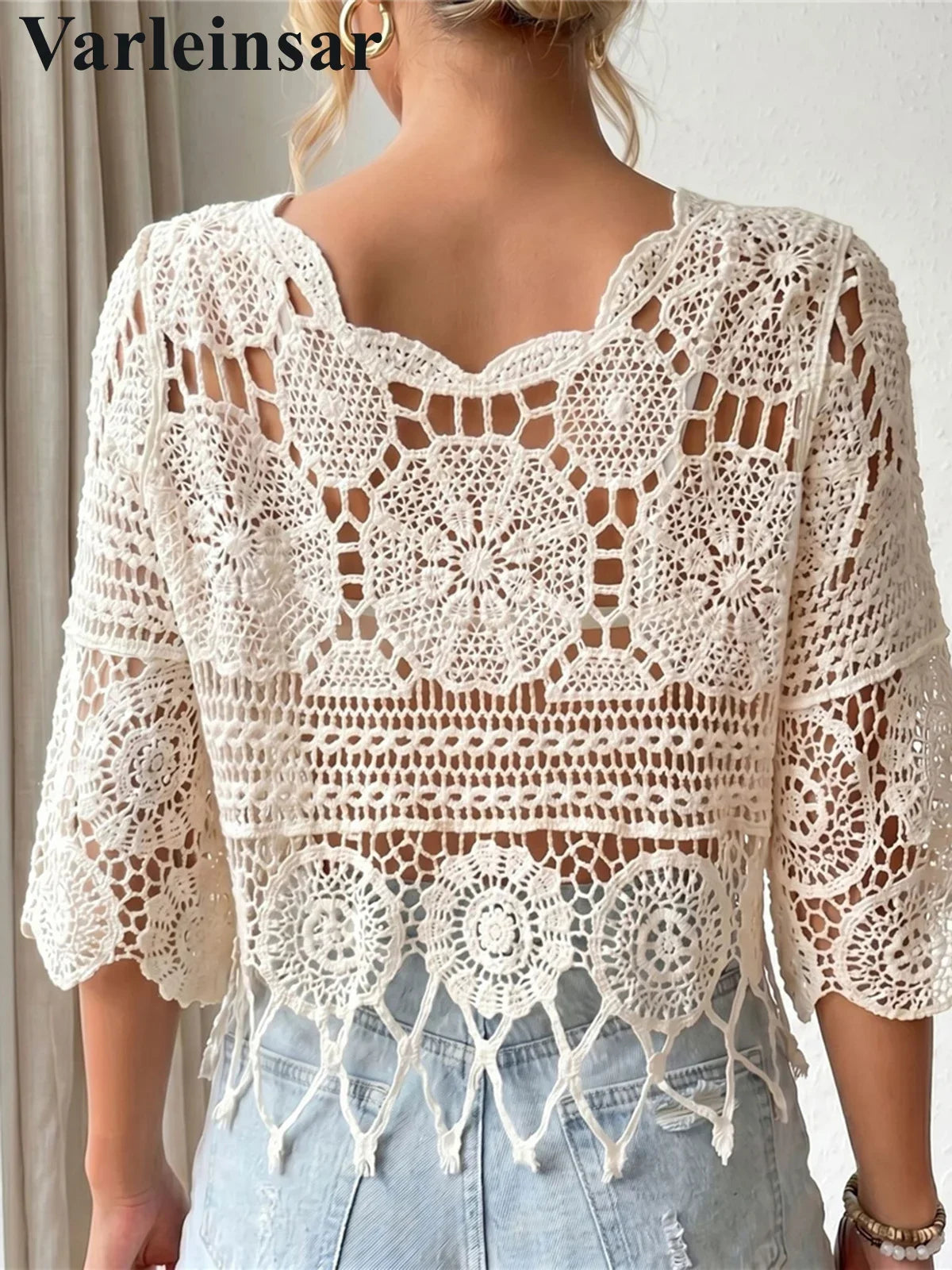 Half Sleeve Hollow Out Solid Crochet Knitted Tunic Beach Cover Up Cover-ups Beach Dress Beach Wear Beachwear Female Women V8401