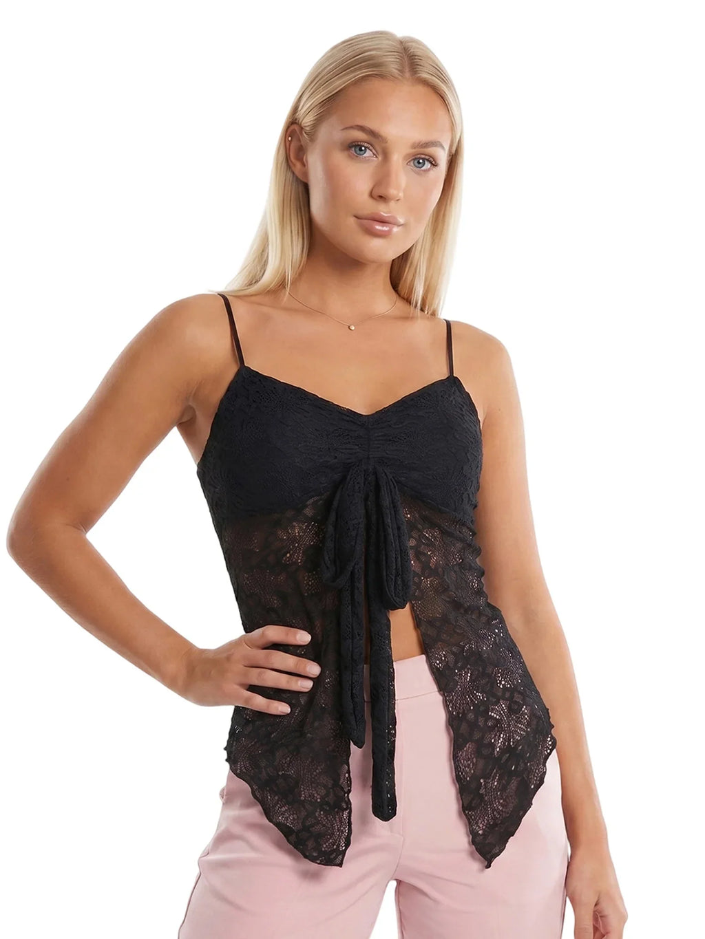 Women’s Solid Color Lace Halter Tank Tops Summer Fashionable Spaghetti Strap Handkerchief Hem Sheer Camis Tops