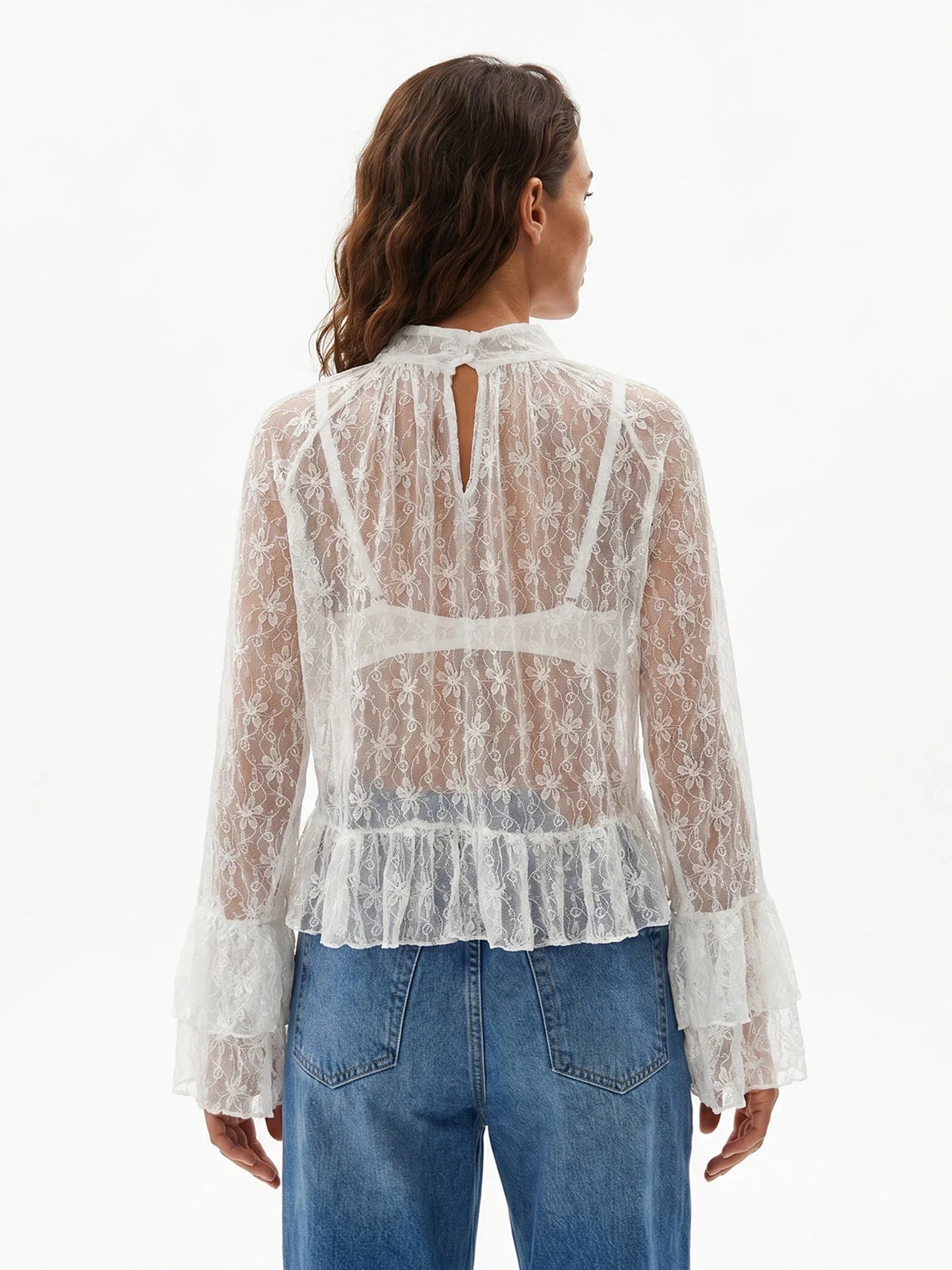 Womens Lace Floral Sheer Blouse Flare Long Sleeve Mock Neck Ruffle Peplum Hem Cropped Shirts Elegant Sexy Cover-ups Tops