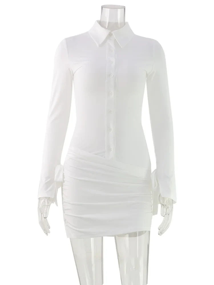 Ahagagg Fashion Dresses For Women Solid Turn Down Collar Single Breasted Regular Long Sleeves Sheath Slim Fit Female Elegant
