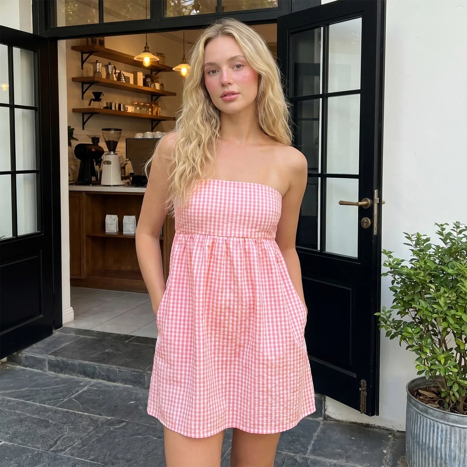 Women Tube Top Mini Dress Off Shoulder Strapless Plaid Bandeau Dress Summer Casual Boho Daily Dresses Streetwear