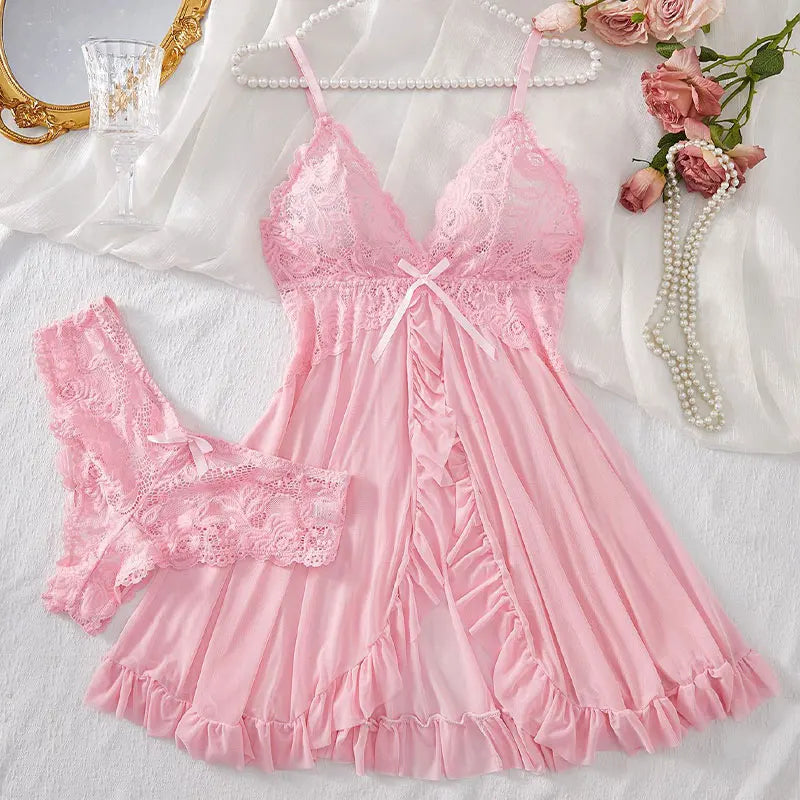 Sexy Lingerie Set Women Erotic Bra Nightdress Sexy Lace V-Neck Underwear Solid Slim Soft Dresses Transparent Thong & Sleepwear