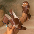 Block Heel Sandals Summer New Square Toe Deep Mouth Open Toe Crossover with Metal Buckle