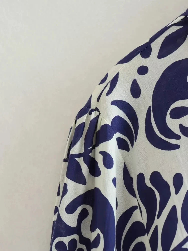 Foridol Blue Flower Print Vintage Casual Shirt Dress Women 2025 Single Breasted Loose Boho Maxi Long Vestidos Dresses Fashion