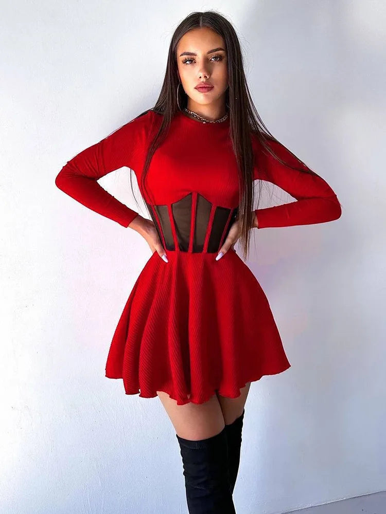 Ahagaga Fashion Solid Women's Mini Dresses A-Line Knitted Sheer Slim Fit Long Sleeves Bodycon O-Neck Party Streetwear Vestidos