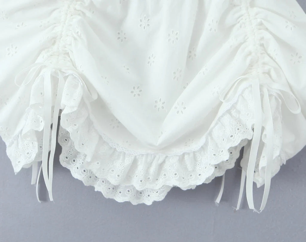 Foridol White Cotton Summer Women's Dress 2025 Off Shoulder Strapless Mini Beach Dress Casual Flower Embroidery Drawstring Dress