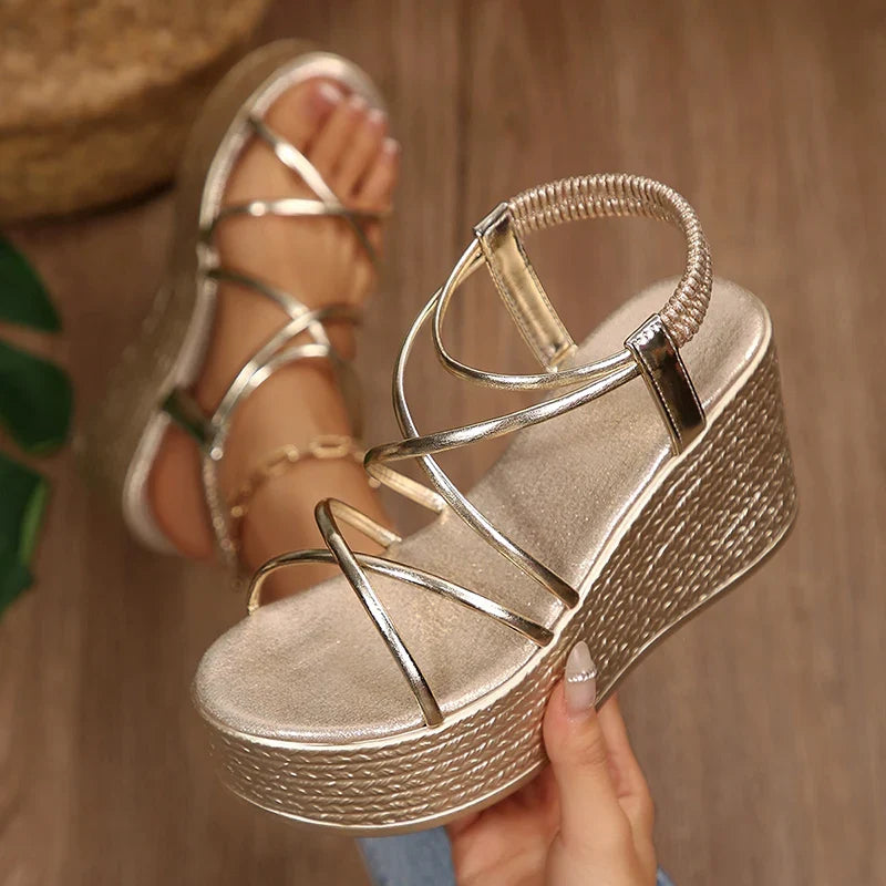 2026 New Chunky Platform Gladiator Sandals Women Gold Elastic Band Wedge High Heel Sandals Woman Plus Size 43 Summer Sandles