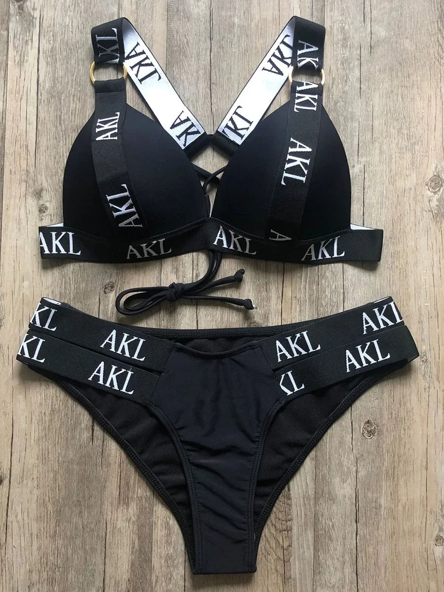 2026 Sexy Letter Print Bra Cup Bikini Women Swimsuit Female Swimwear Two Pieces Bikini Set Push Up Bathing Suit Swim Beach Wear