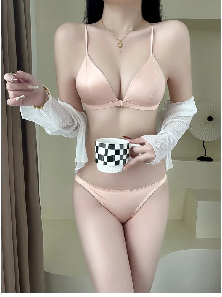 Summer French Triangle Bra Small Bust Beachwear Light Support Front Buckle Adjustable Straps Ultra Thin Bikini Set AU MOYISU AB