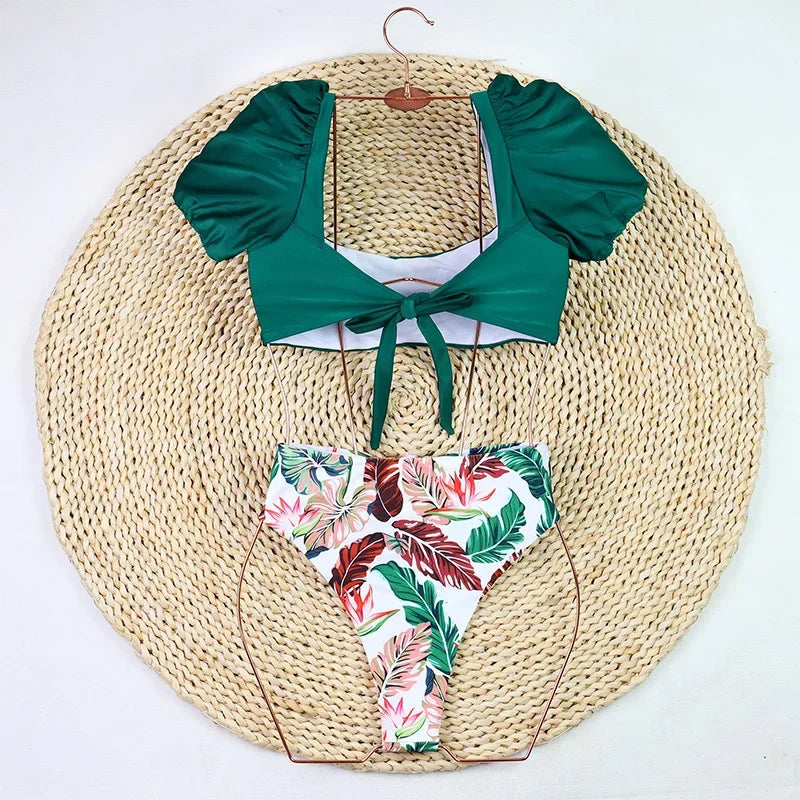 2026 Sexy Bikini Women Push Up Swimwear Swimsuit Leaf Sunflower Print High Waist Bowknot Bubble Sleeves Bikinis Set Bathing Suit