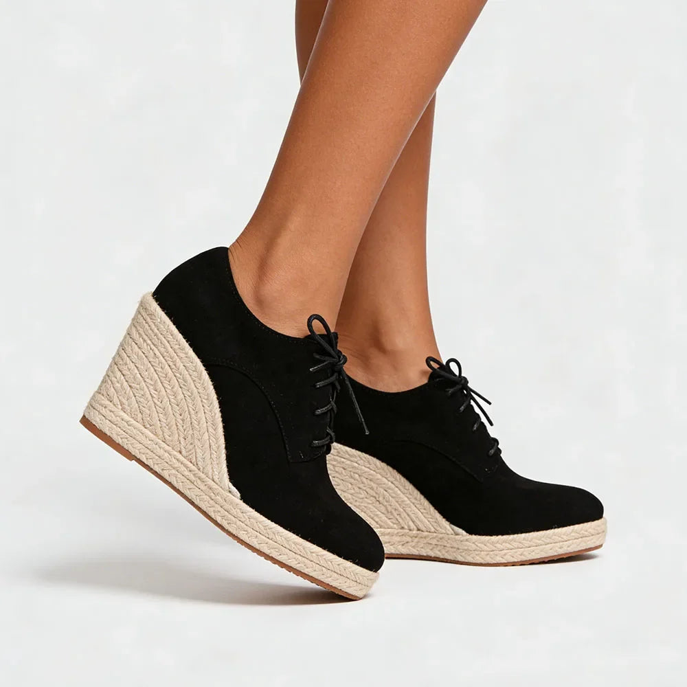 2026 Big Size 43 Vintage Brown Black Pointy Toe Lace-up High Heels Espadrilles Pumps Comfy Walk Office Lady Wedges Shoes Women