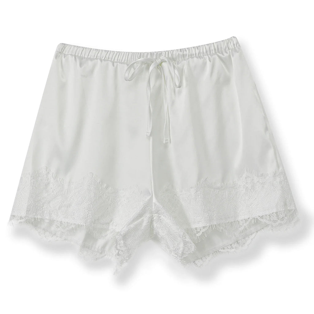 Summer Women's Casual Solid Satin Shorts Loose Fit Stylish Lace Trim Mid Rise Drawstring Shorts Lace Trim Lounge Bottoms