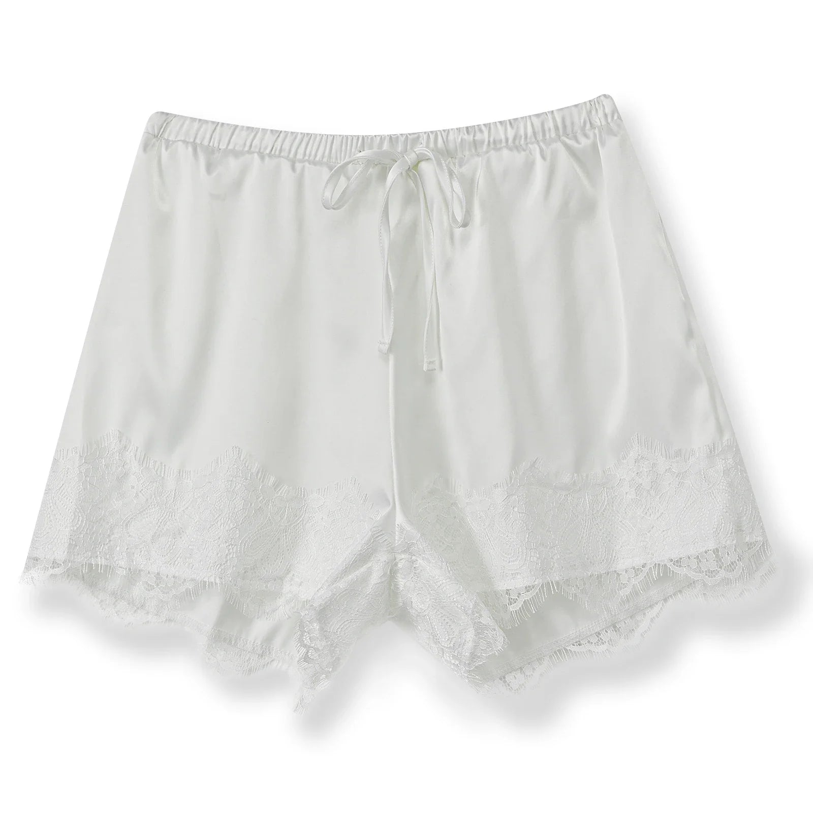 Summer Women's Casual Solid Satin Shorts Loose Fit Stylish Lace Trim Mid Rise Drawstring Shorts Lace Trim Lounge Bottoms