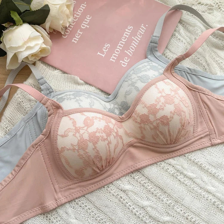 Summer Lace Half Cup Bra Small Bust Beachwear Gathering Light Support Pure Bralette Ultra Thin Wirefree Set AU MOYISU S-XL-32-38