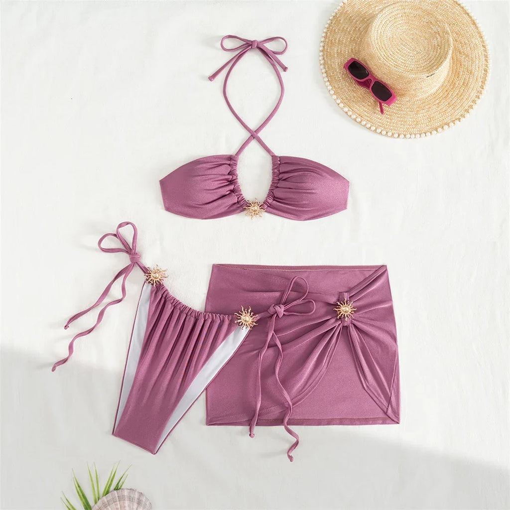 With Skirt Halter High Cut Strappy Bikini Female Swimsuit Women Swimwear Three-Pieces Bikini Set Bather Bathing Suit Swim V6398