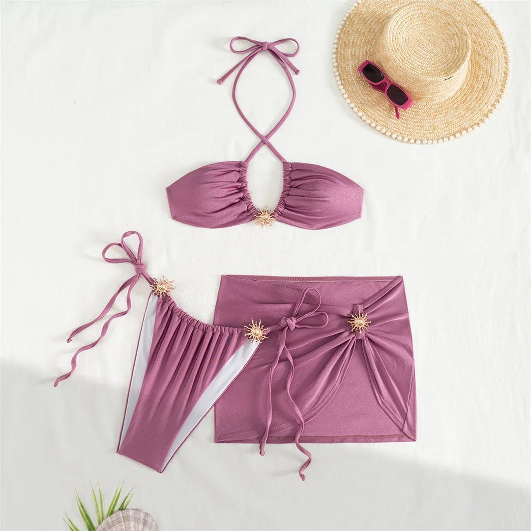 With Skirt Halter High Cut Strappy Bikini Female Swimsuit Women Swimwear Three-Pieces Bikini Set Bather Bathing Suit Swim V6398